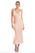 Vestido de fiesta Jimiss con cuello de bufanda, hombros descubiertos, sin mangas, tirantes finos, espalda descubierta y largo hasta el suelo
