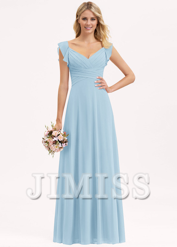 Vestido de dama de honor de gasa con escote en V estilo imperio, volantes en capas y bajo