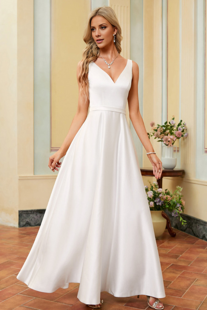 Ivory Satin V-Neck A-Line Floor-Length Bridesmaid Dress