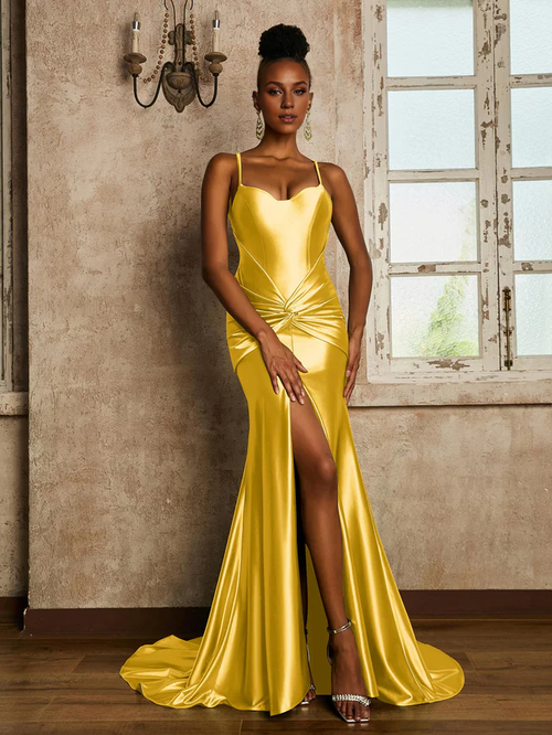 Blushing Pink Satin Mermaid Floor-Length Evening Dress with Twisted Knot Waist and High Slit