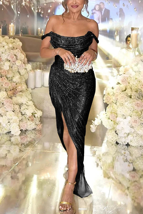 Jimiss off shoulder collar sequins off shoulder sleeveless backless slit and floor length Prom dress