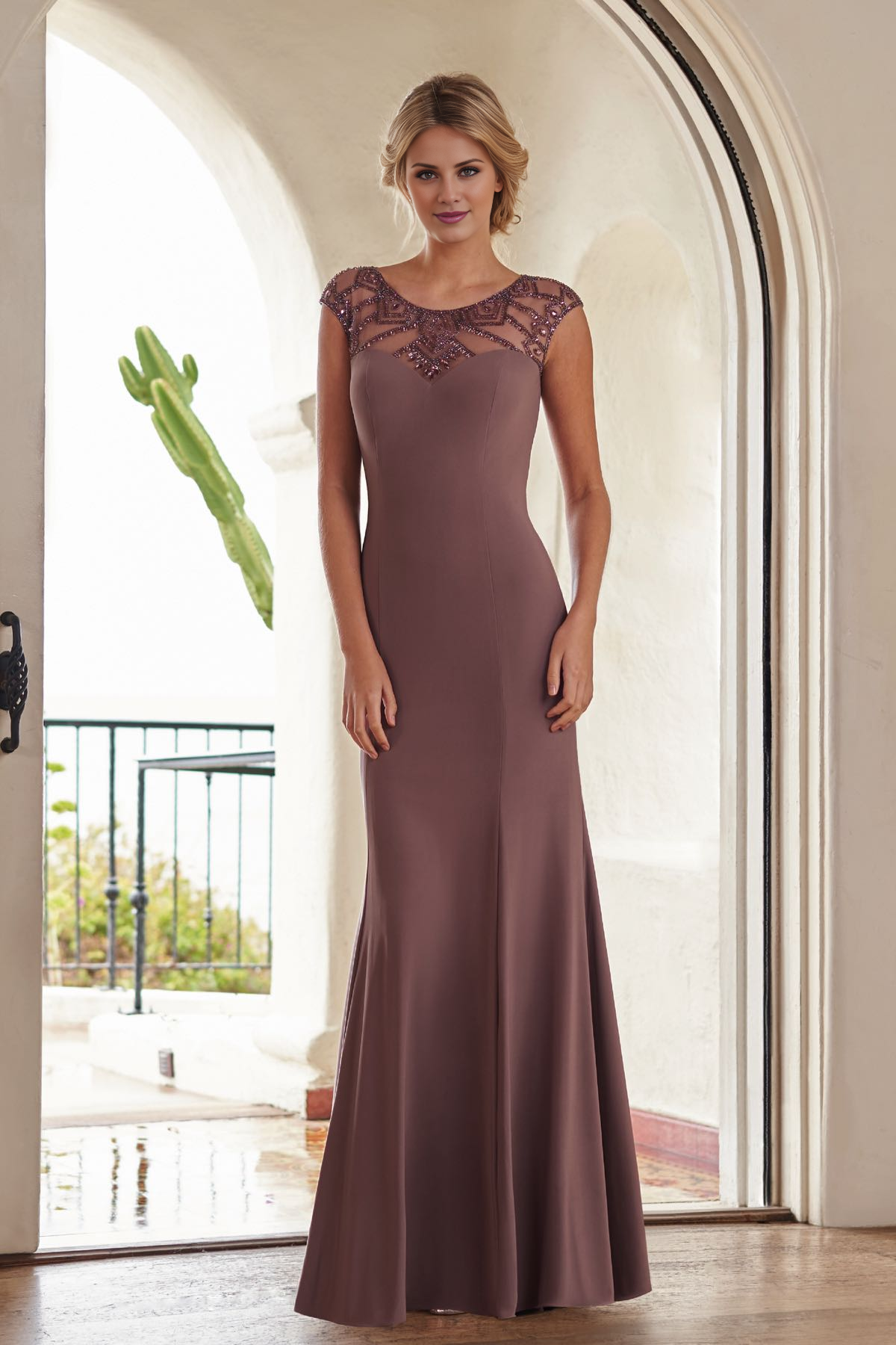 Mauve Crepe Sheath/Column Floor-Length Dress with Beaded Illusion Neckline