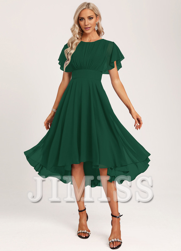 Vestido de dama de honor asimétrico de gasa con volantes, corte A y cuchara