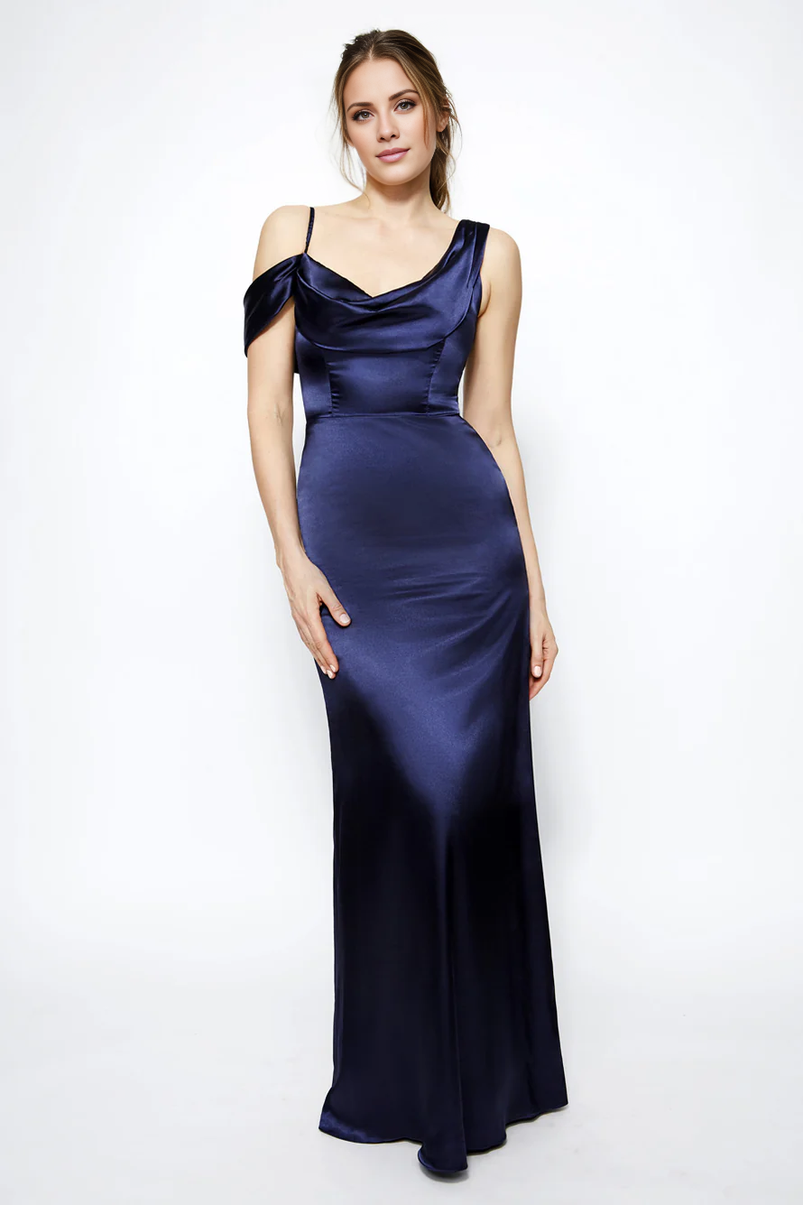 Vestido de fiesta Jimiss con escote asimétrico, hombros descubiertos, sin mangas, espalda descubierta y largo hasta el suelo