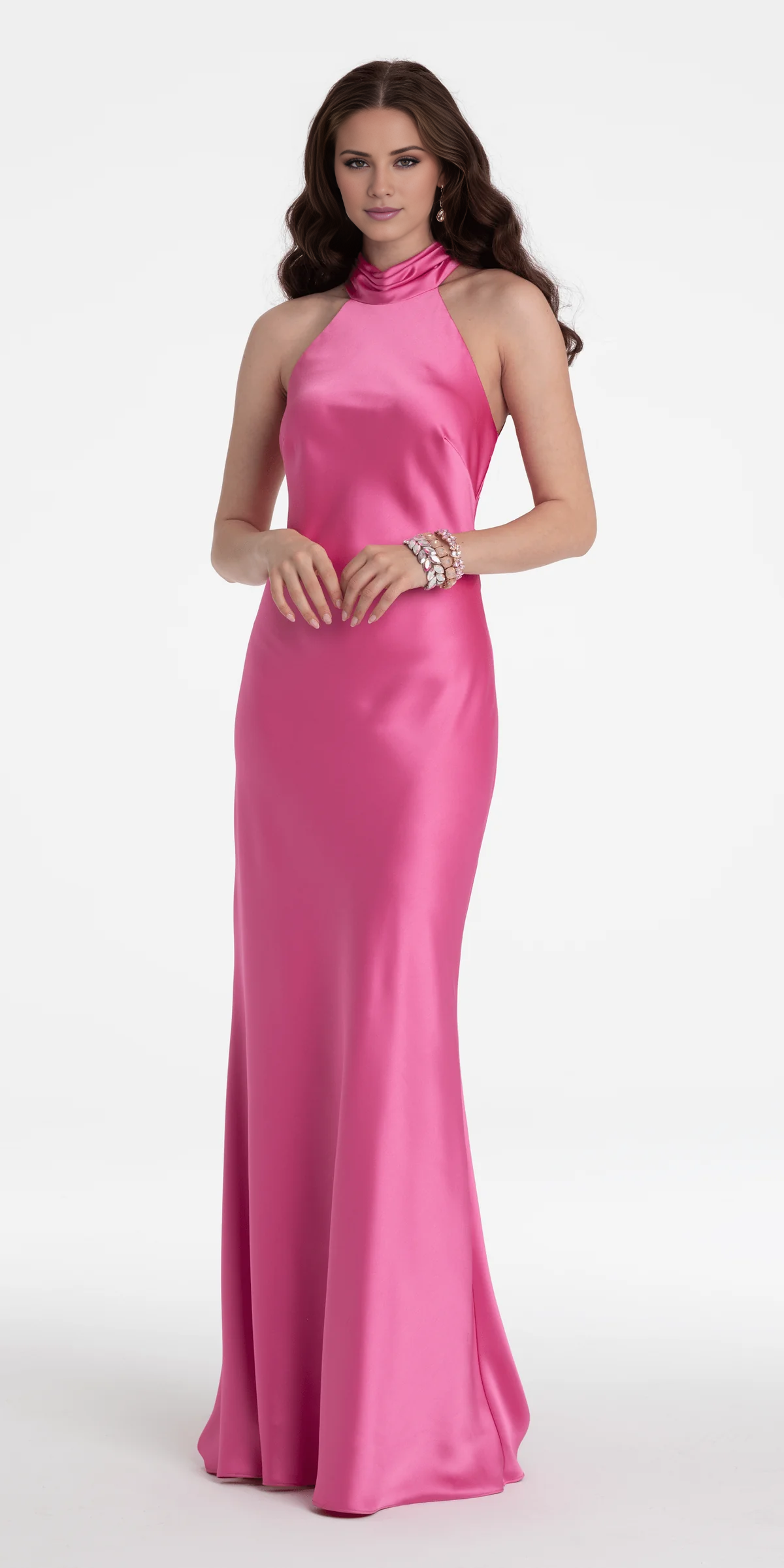 Vestido de fiesta Jimiss de satén con escote halter, sin espalda y largo hasta el suelo 