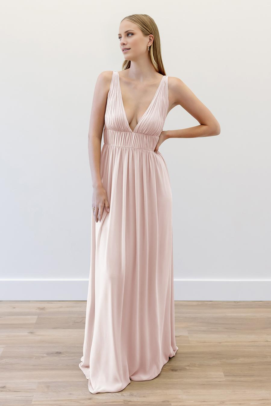 Blushing Pink Chiffon A-Line V-Neck Bridesmaid Dress with Pleated Bodice