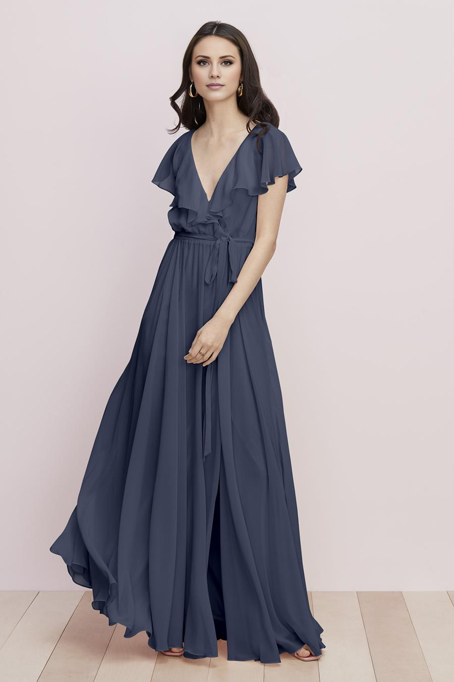 Slate Blue Chiffon Ruffled V-Neck A-Line Floor-Length Bridesmaid Dress