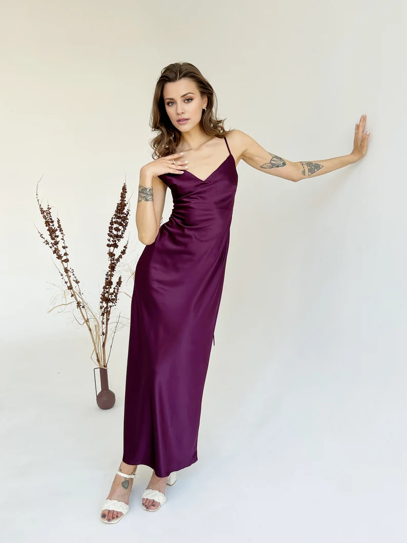 Burgundy Satin Cowl Neck Sheath Ankle-Length Bridesmaid Dress