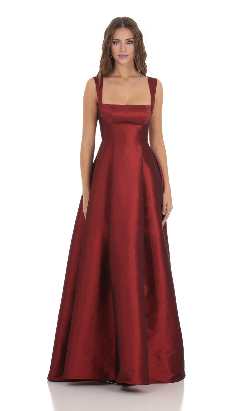 Burgundy Taffeta A-Line Floor-Length Evening Dress with Square Neck