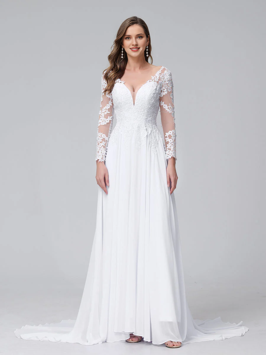 White Chiffon A-Line Floor-Length Dress with V-Neck & Lace Long Sleeves