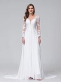 White Chiffon A-Line Floor-Length Dress with V-Neck & Lace Long Sleeves
