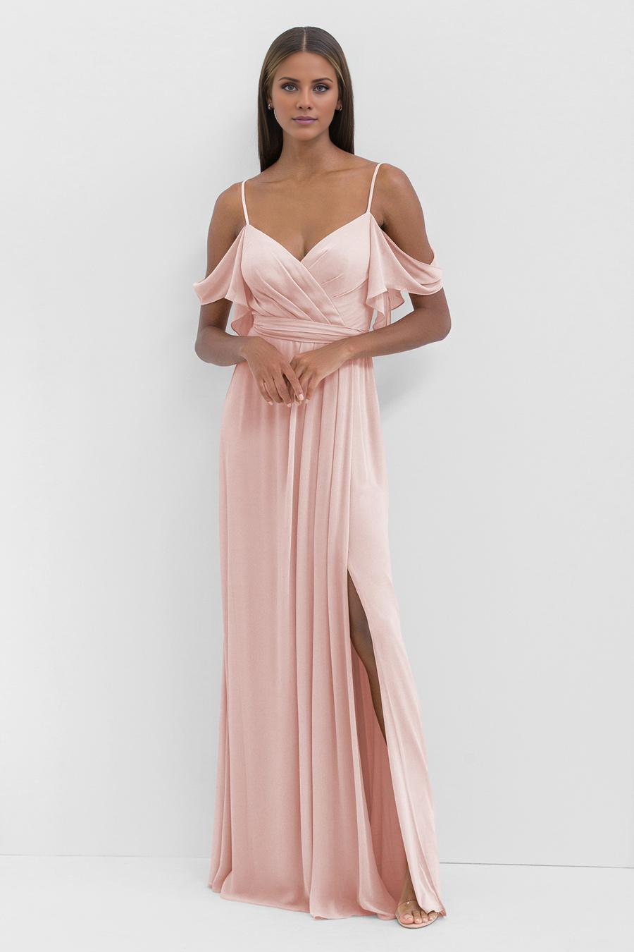 Blushing Pink Chiffon A-Line Floor-Length Bridesmaid Dress with Off-the-Shoulder Ruffles