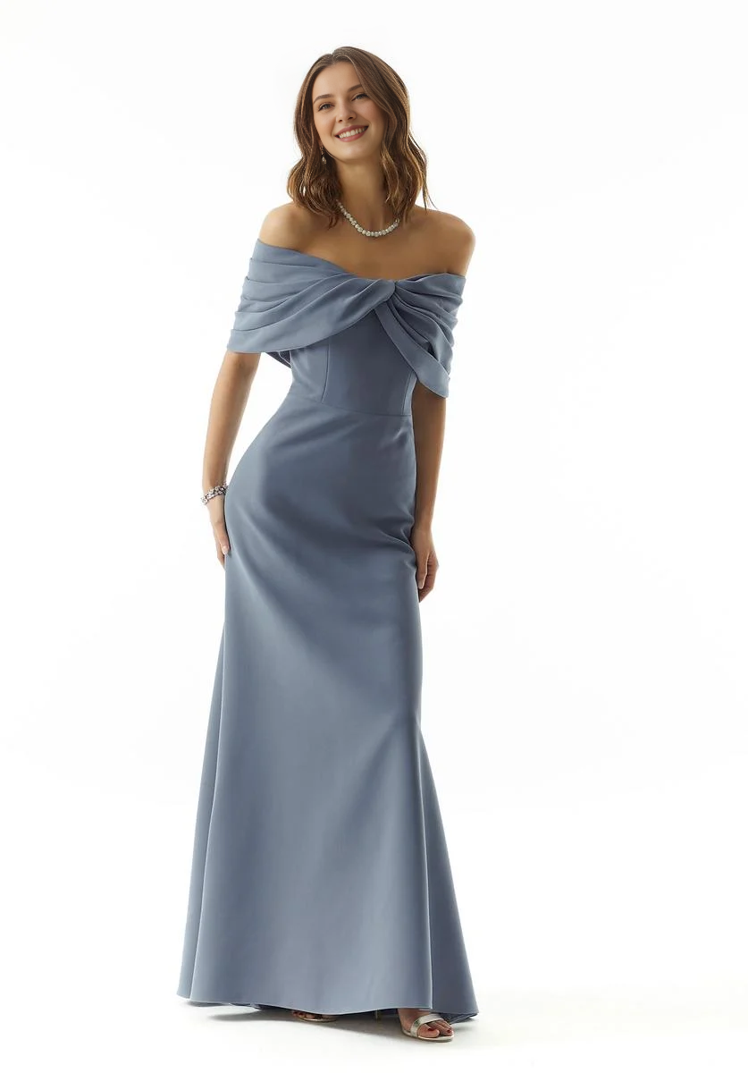 Dusty Blue Off-the-Shoulder Satin Mermaid Floor-Length Bridesmaid Dress