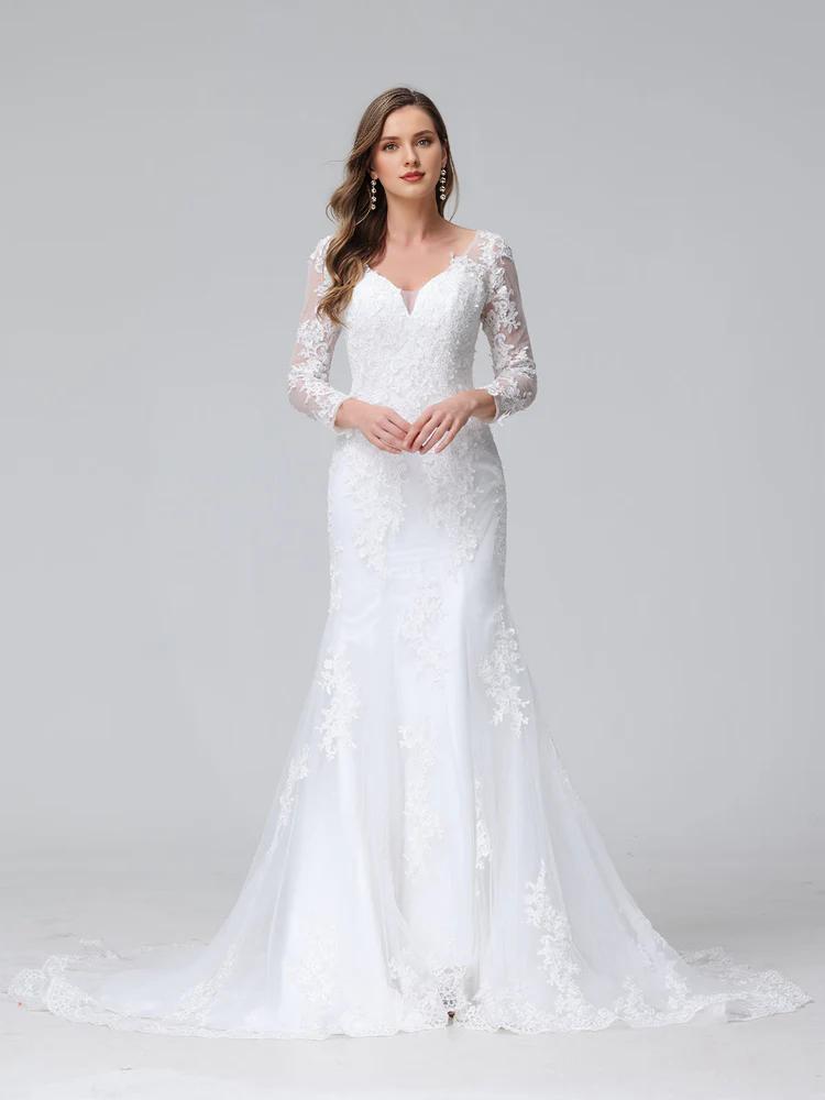 Vestido de novia de encaje con escote en V y manga larga con cola de pez cuerno