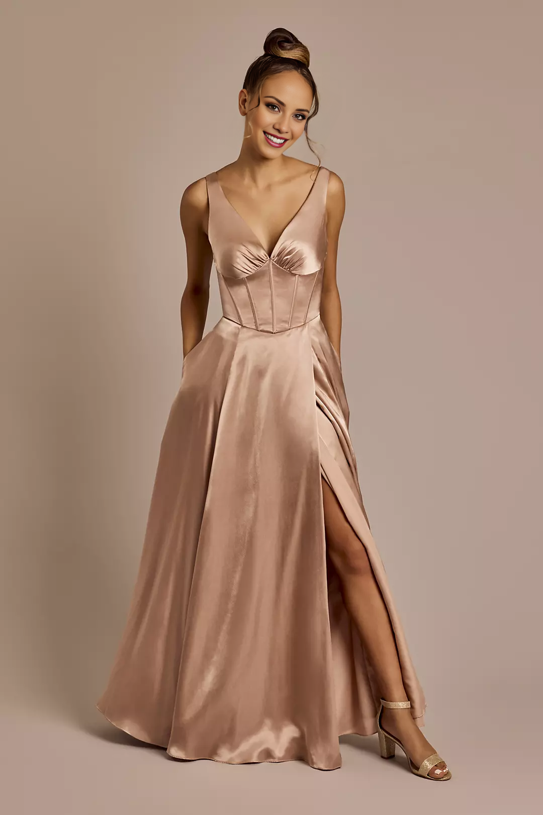 Vestido de fiesta Jimiss con escote en V, hombros descubiertos, sin mangas, espalda descubierta, abertura lateral y largo hasta el suelo