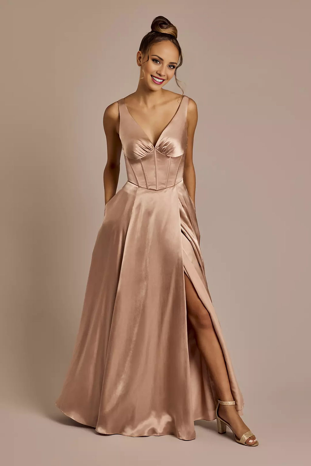 Vestido de fiesta Jimiss con escote en V, hombros descubiertos, sin mangas, espalda descubierta, abertura lateral y largo hasta el suelo