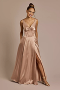 Vestido de fiesta Jimiss con escote en V, hombros descubiertos, sin mangas, espalda descubierta, abertura lateral y largo hasta el suelo