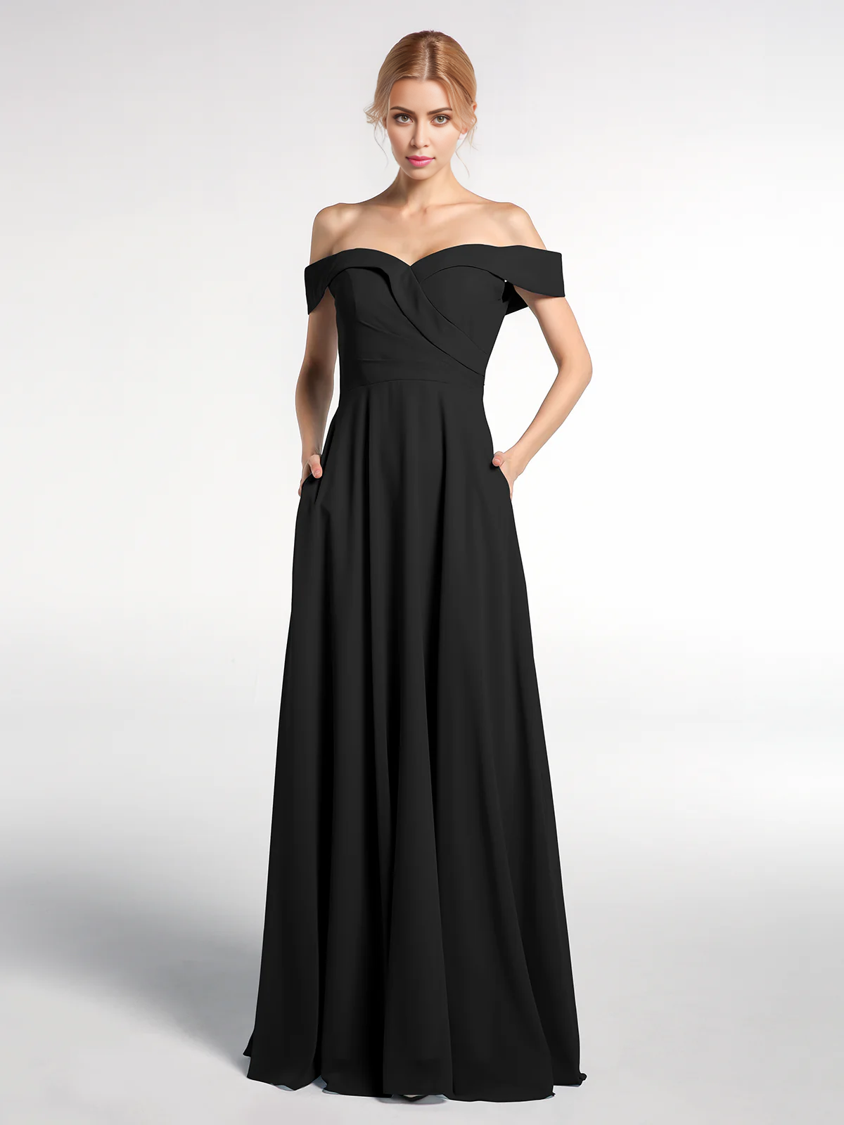 Vestido de falda redonda con bolsillos y hombros descubiertos