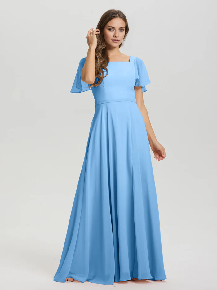 Abito da damigella d'onore a trapezio con scollo quadrato, maniche corte, volant e chiffon lungo fino al fondo