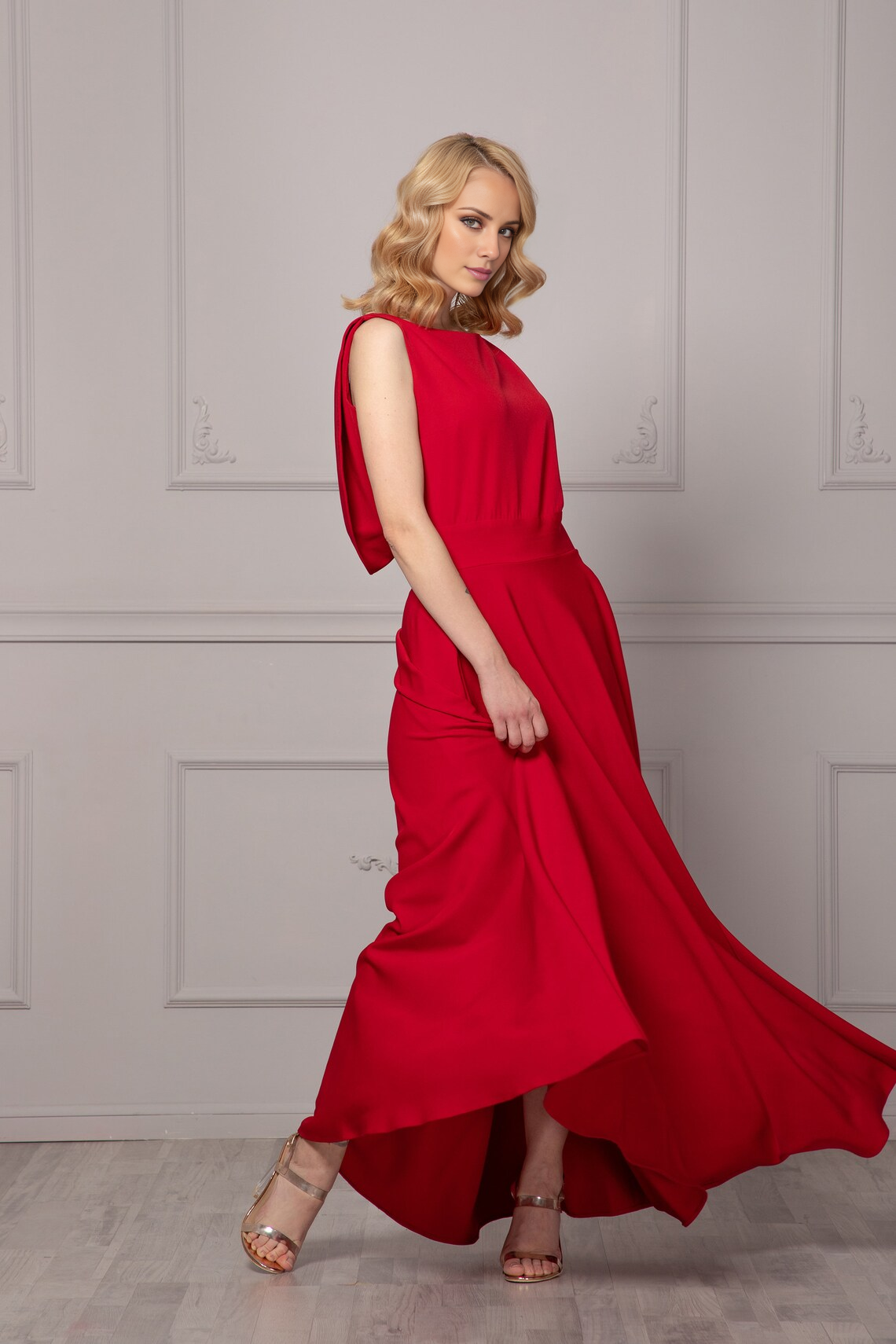 Jimiss - Vestido de fiesta sin mangas, espalda descubierta, cuello barco y largo hasta el suelo 