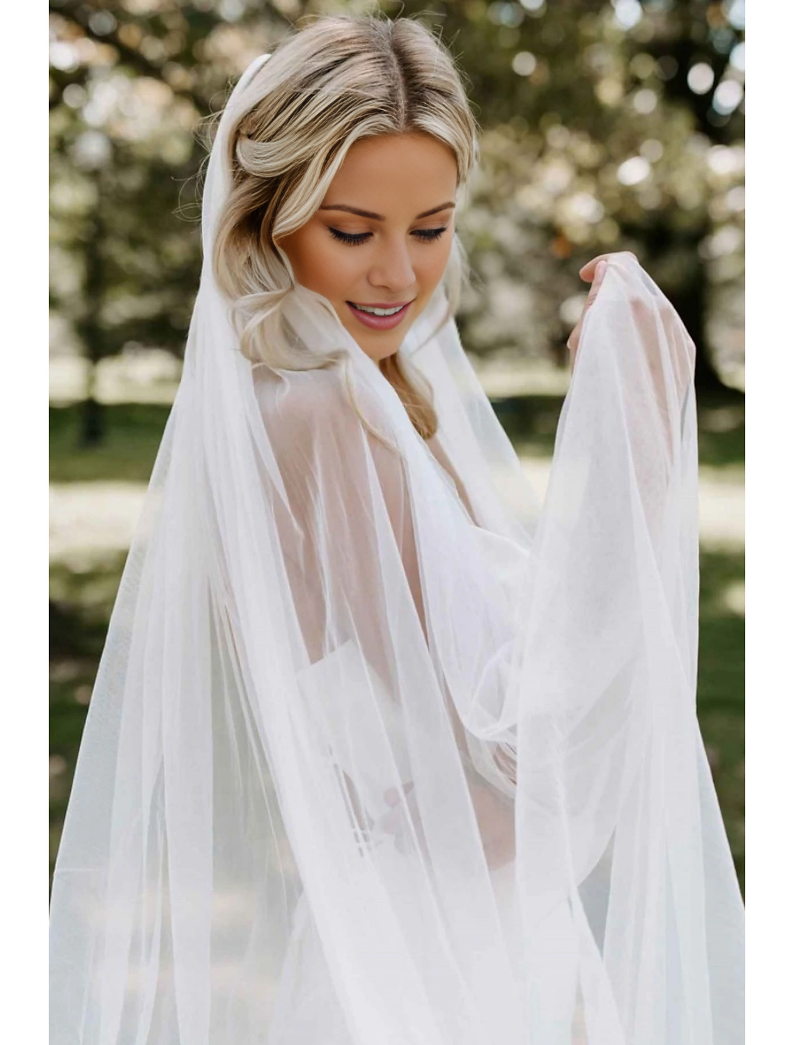 Ivory Tulle Floor-Length Bridesmaid Dress with Simple Tulle Veil