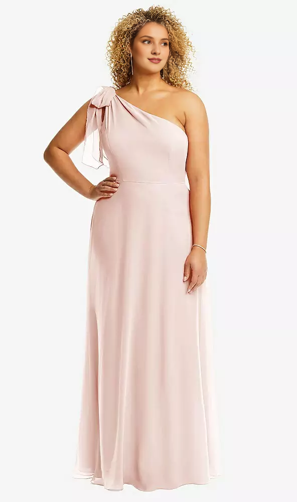 Blushing Pink Chiffon A-Line Floor-Length Bridesmaid Dress with Bow Detail