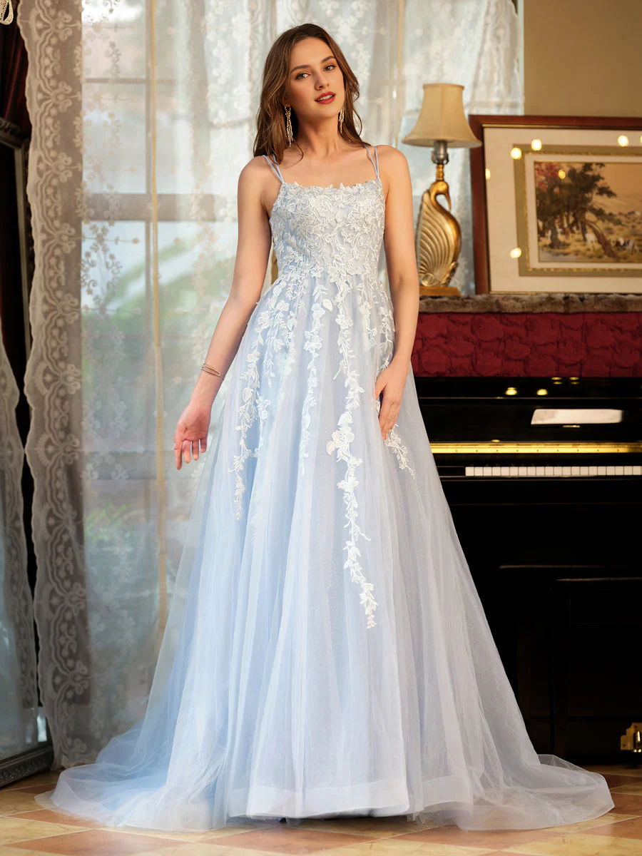 Sky Blue Floral Lace A-Line Floor-Length Bridesmaid Dress