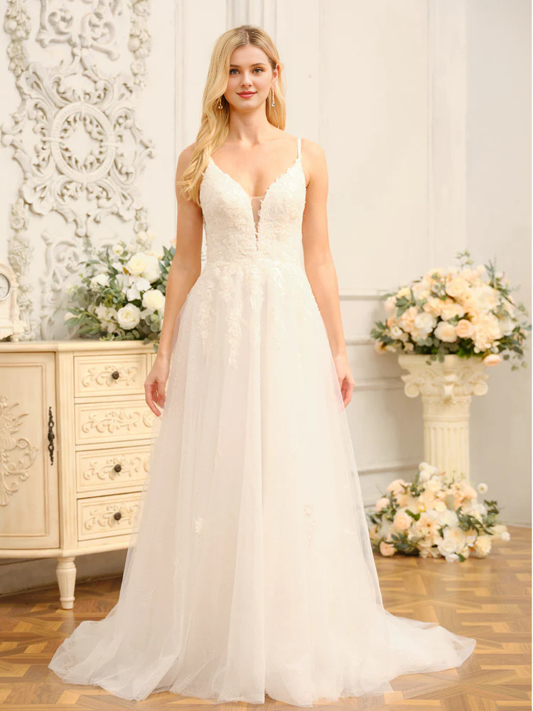 Vestido de novia largo sin mangas con tirantes finos, corte A y lentejuelas, estilo princesa