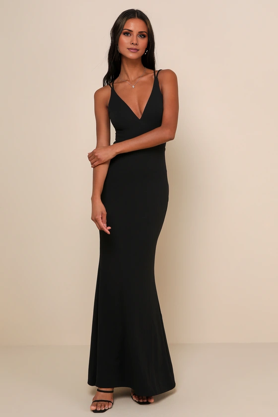 Vestido de fiesta Jimiss de sirena, escote en V, hombros descubiertos, sin mangas, tirantes finos, sin espalda y largo hasta el suelo