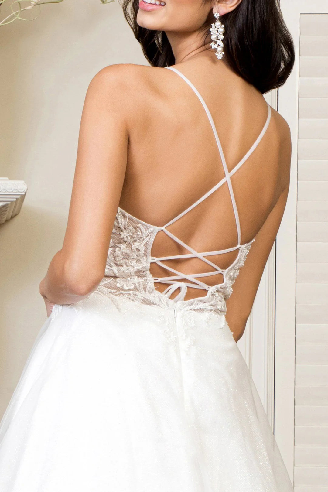 White A-Line V-Neck Floor-Length Evening Dress with Glitter Tulle Skirt
