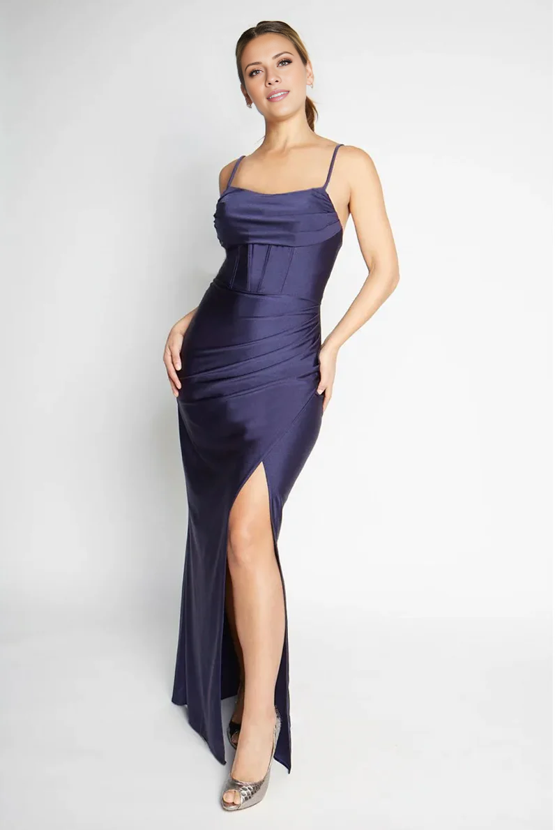 Vestido de fiesta Jimiss con escote cuadrado, hombros descubiertos, sin mangas, tirantes finos, espalda descubierta, abertura lateral y largo hasta el suelo