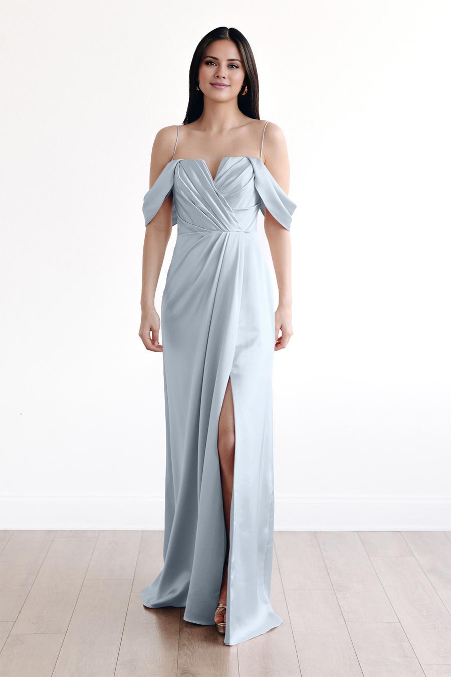 Vestido de noche Jimiss con escote en V, hombros descubiertos, tirantes finos, plisado, sin espalda y largo hasta el suelo