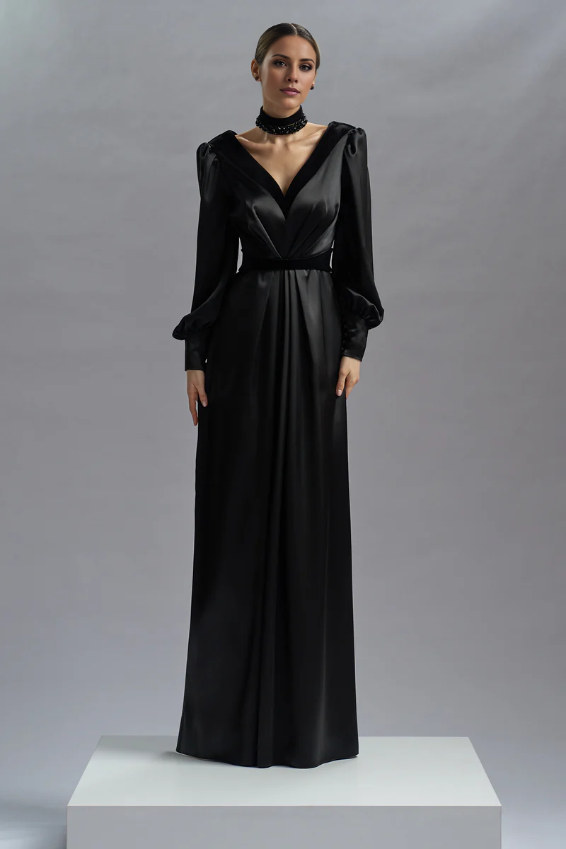 Vestido de noche largo hasta el suelo, de satén, con escote en V profundo y mangas largas