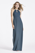 Vestido de noche Jimiss con escote halter, sin mangas, hombros descubiertos, plisado, con lazo y largo hasta el suelo