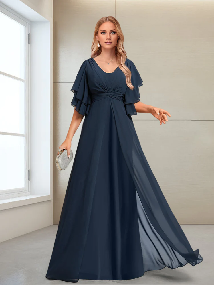 Dark Navy Chiffon A-Line V-Neck Floor-Length Bridesmaid Dress with Ruched Bodice