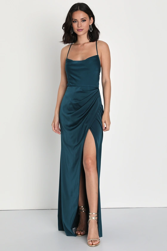 Teal Satin A-Line Floor-Length Dress with Cowl Neck & Criss-Cross Straps