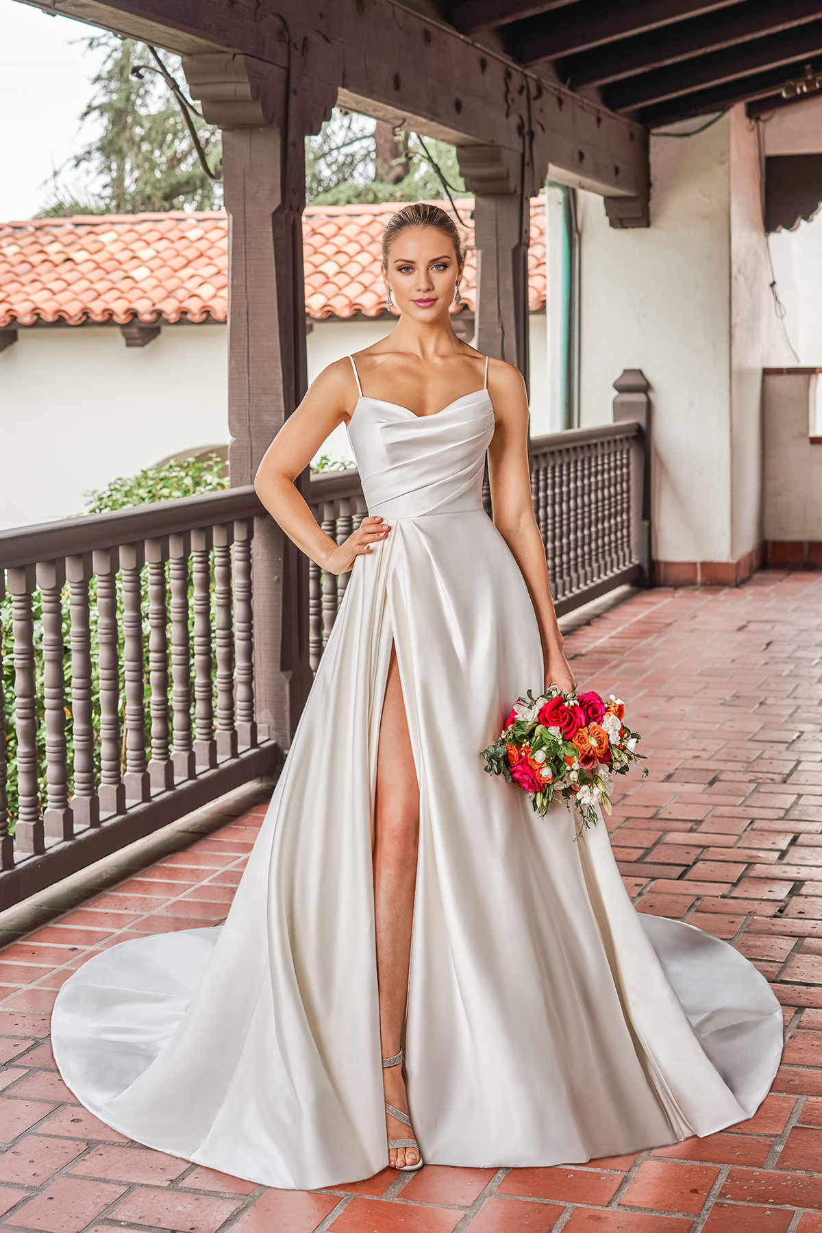 Ivory Satin A-Line Bridesmaid Dress with Draped Cowl Neck and High Slit