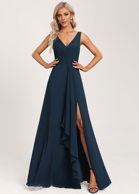 Dark Navy Chiffon A-Line Floor-Length Bridesmaid Dress with V-Neck & High Slit