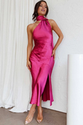 Vestido de fiesta Jimiss con cuello asimétrico, hombros descubiertos, sin mangas, espalda descubierta, abertura lateral y largo hasta el suelo
