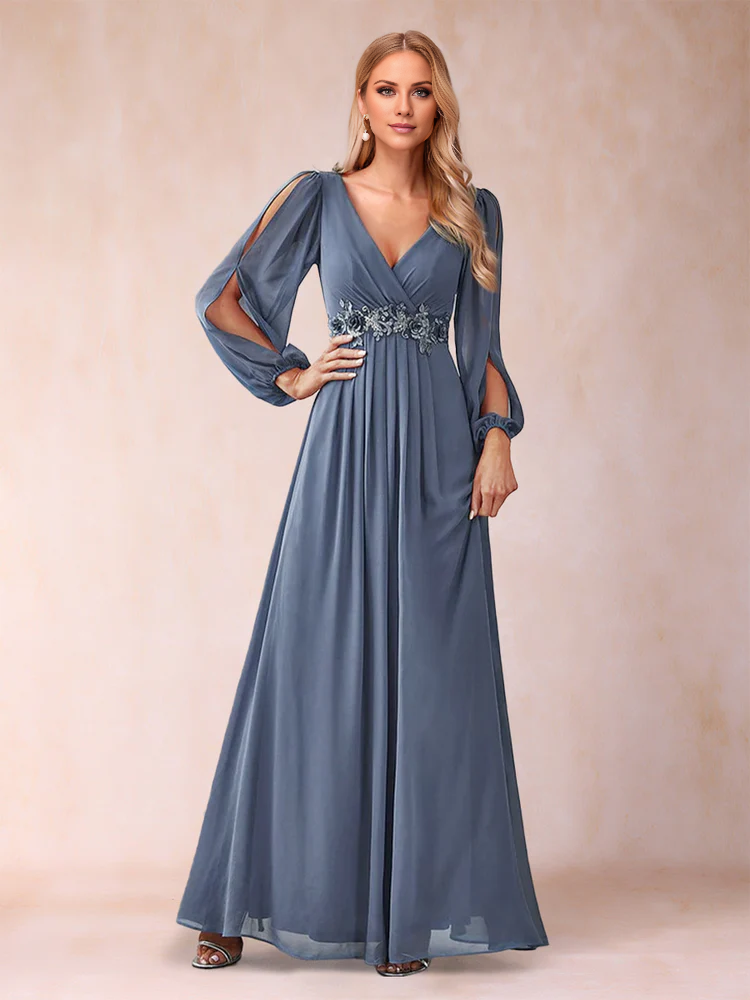 Dusty Blue Chiffon A-Line Floor-Length Bridesmaid Dress with V-Neck