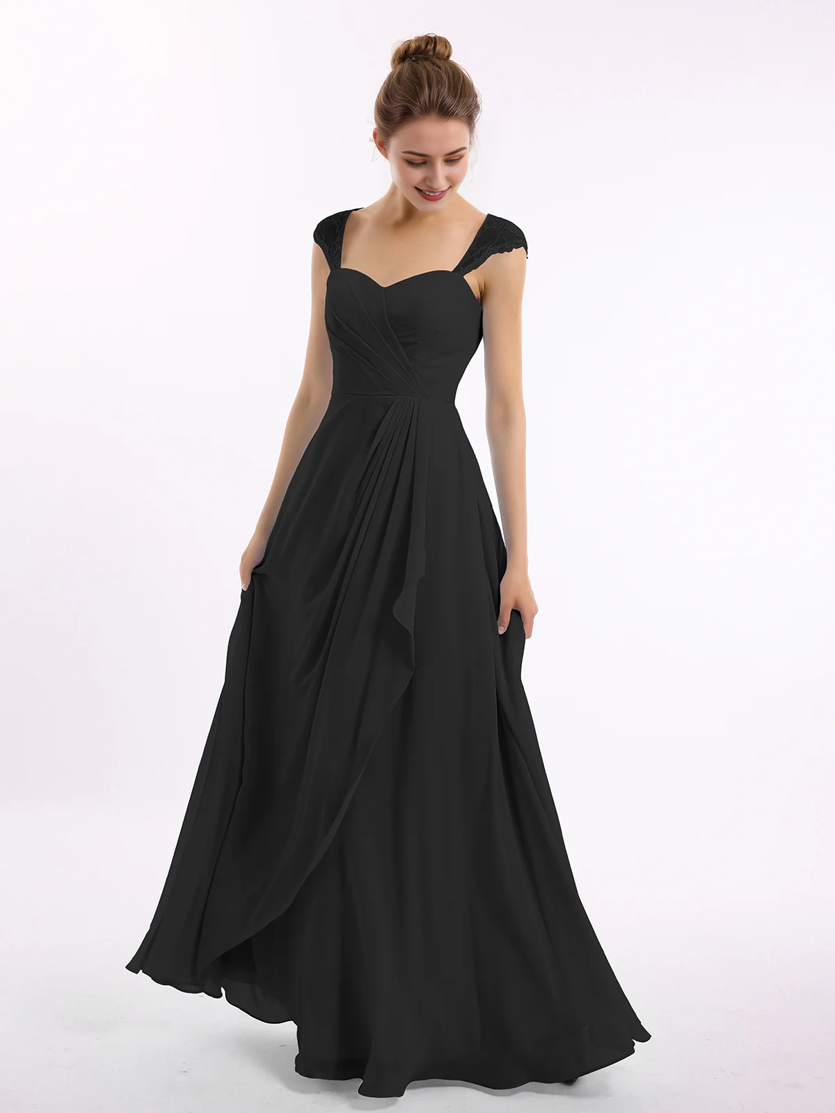 Abito da damigella d'onore in chiffon con maniche in pizzo