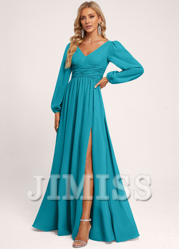 Vestido de dama de honor de gasa con volantes, escote en V y largo hasta el suelo