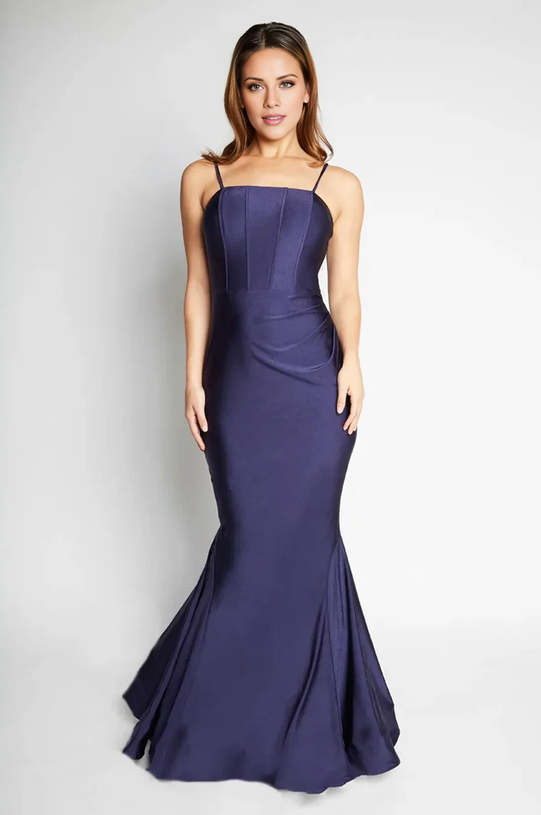 Vestido de noche Jimiss de corte sirena, escote cuadrado, hombros descubiertos, sin mangas, tirantes finos, espalda descubierta y largo hasta el suelo