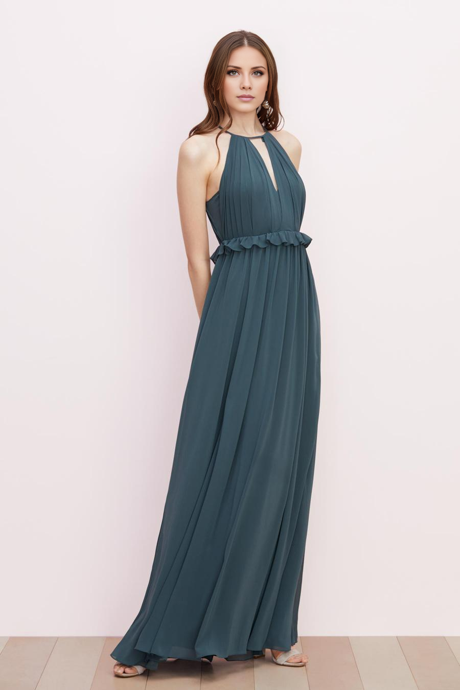 Vestido de noche Jimiss con cuello redondo, sin mangas, detalles plisados y largo hasta el suelo