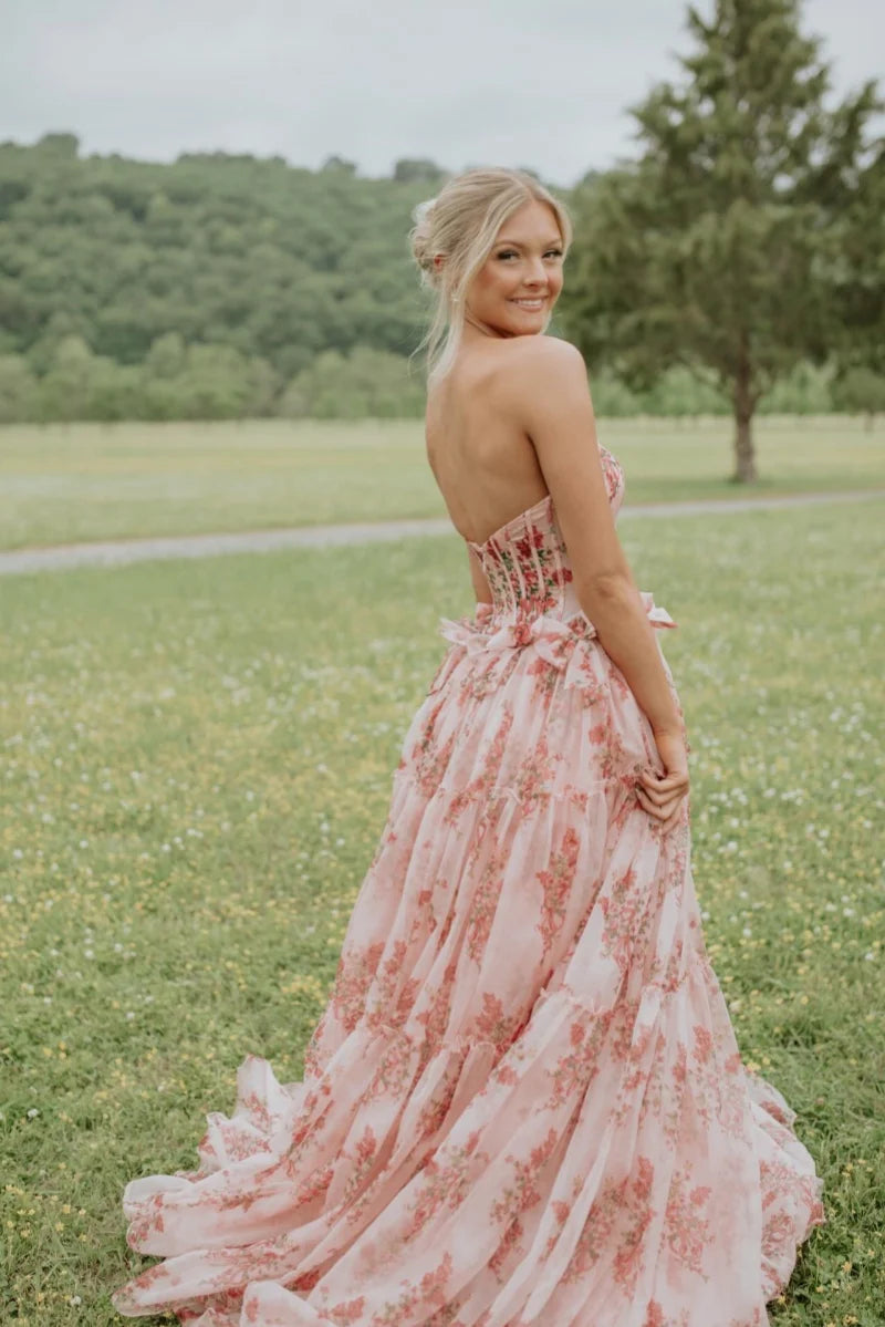 Floral Pink Chiffon A-line Straight Strapless Lace-up Back Long Prom Dress