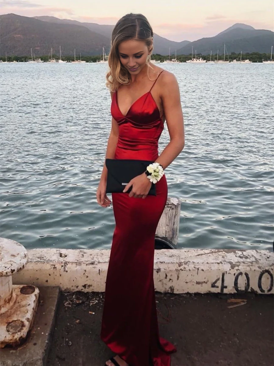 Vestido de fiesta largo de satén con escote en V y espalda descubierta de sirena de Jimiss