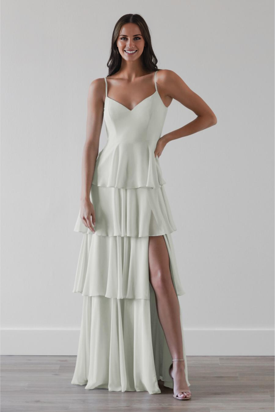 Jimiss A-lineV neck slim shoulder strap sleeveless layered skirt and floor length evening dress