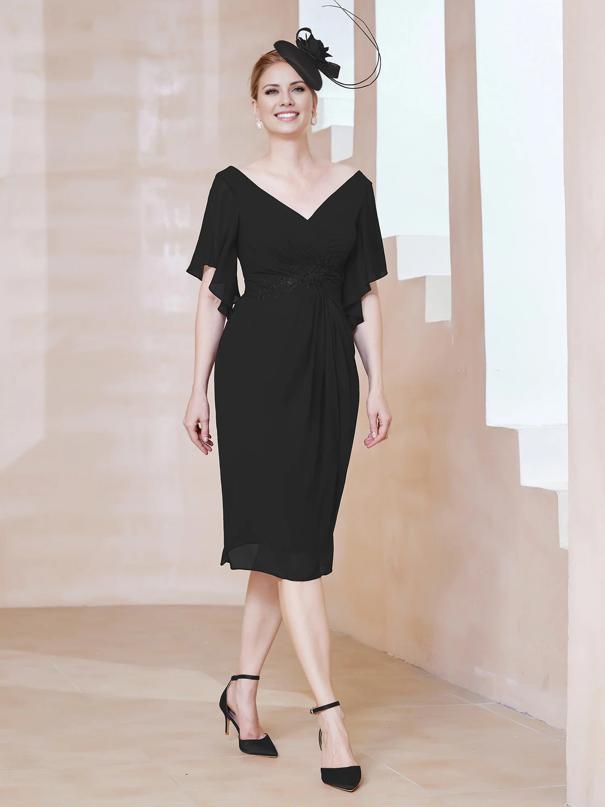 Burgundy Chiffon A-Line Knee-Length Dress with V-Neck and Flutter Sleeves