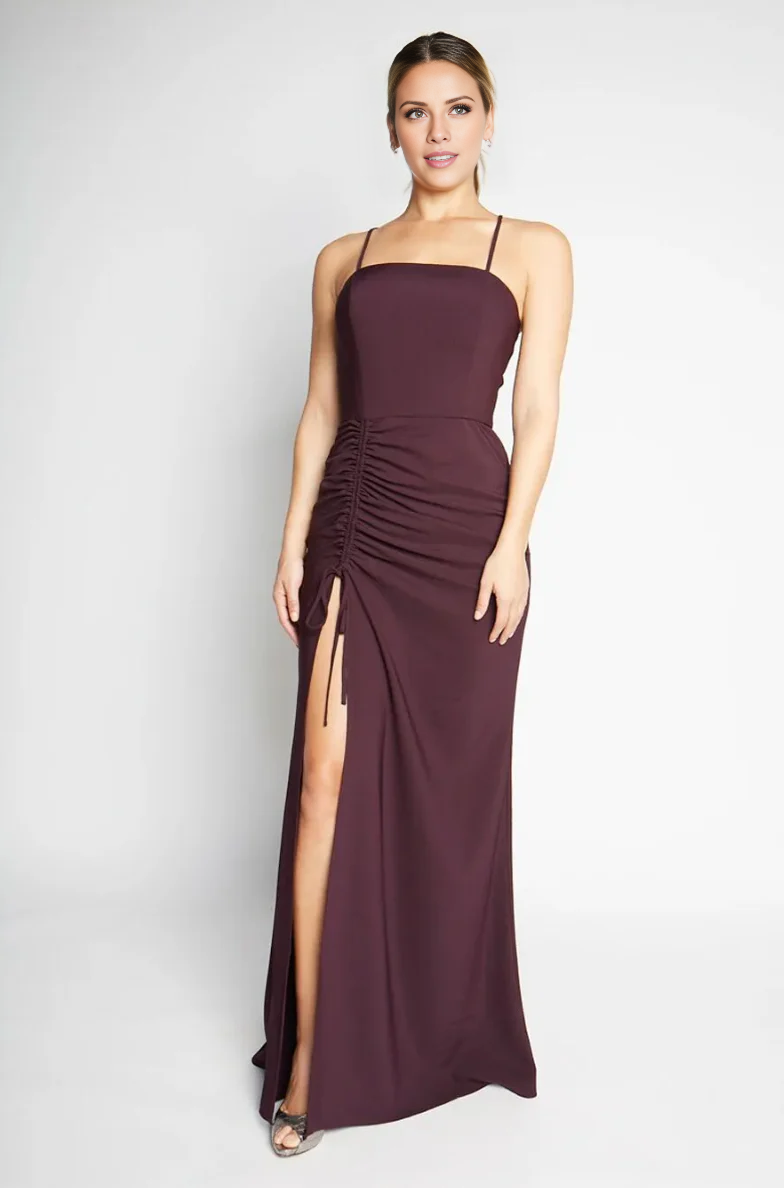 Vestido de noche Jimiss con escote cuadrado, hombros descubiertos, sin mangas, tirantes finos, espalda descubierta, abertura lateral y largo hasta el suelo