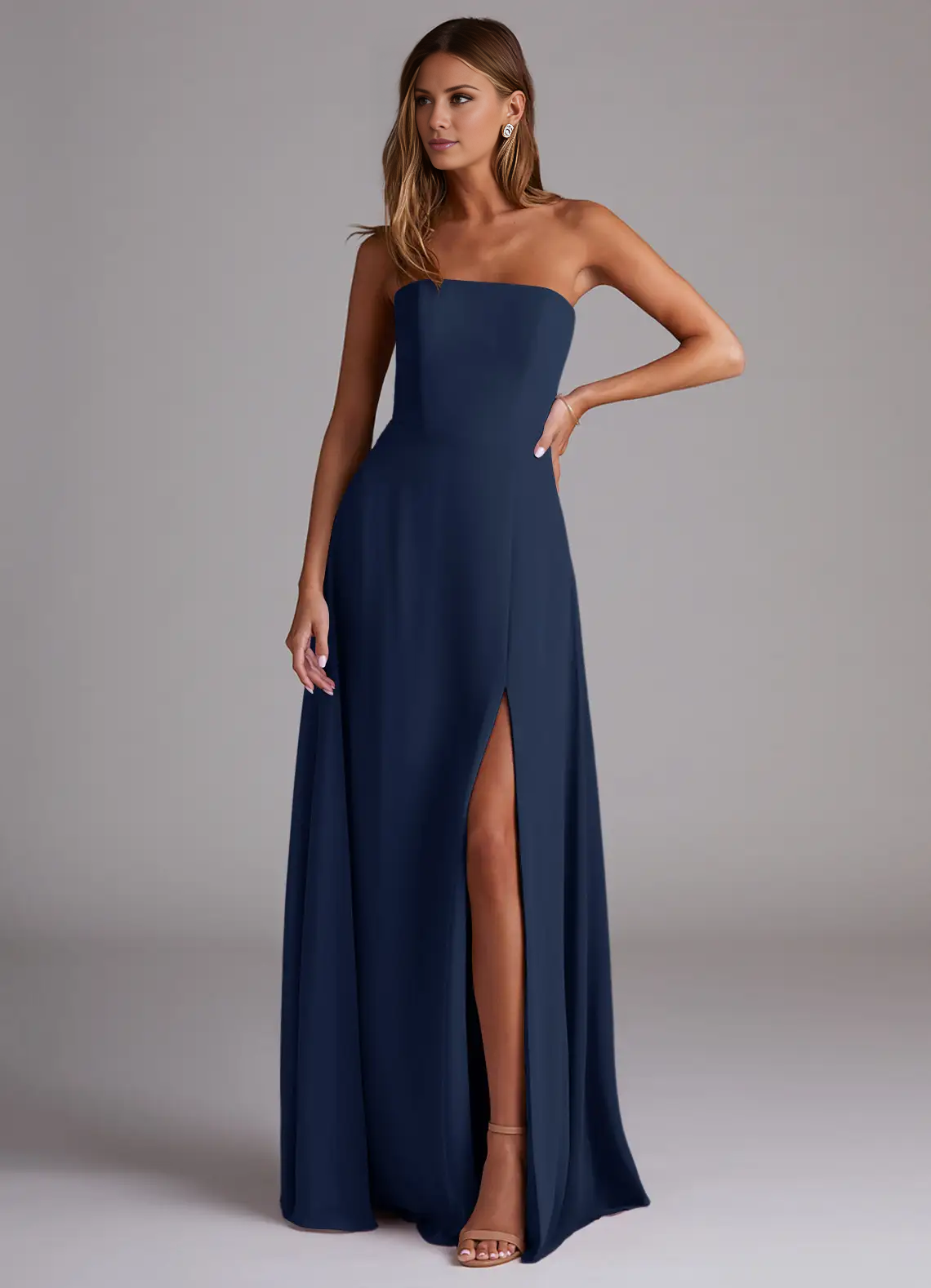 Vestido de dama de honor de corte A, de gasa con abertura lateral y largo hasta el suelo - Vestido Jimiss 